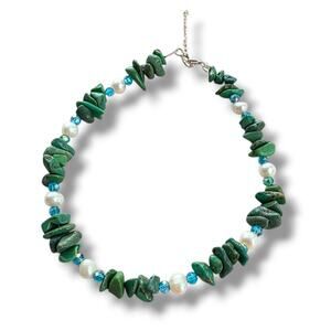 Handmade natural Turquise & pearl bracelet Sterling Silver 925 Crystal Blue New